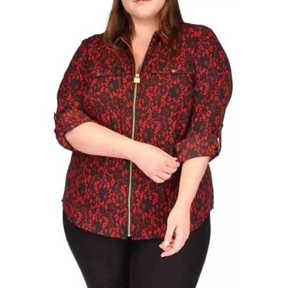 MICHAEL Michael Kors Medium Full Zip Shirt Crimson Black Floral Roll Tab Sleeves - Picture 1 of 11